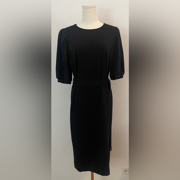 Ann Taylor Puff Sleeve Belted Sheath Dress Black Size 12 - Picture 2 of 6